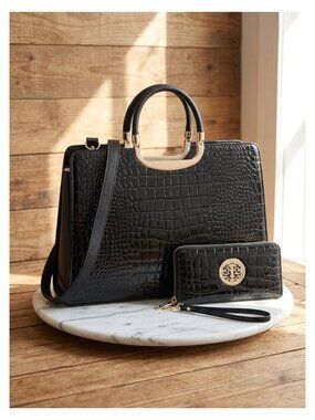 Women's PU Leather Satchel Handbag Set with Matching Wallet